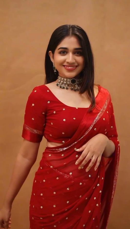 Most Trending Viral Pure Viscose Georgette Festival Red Saree With Satin Border