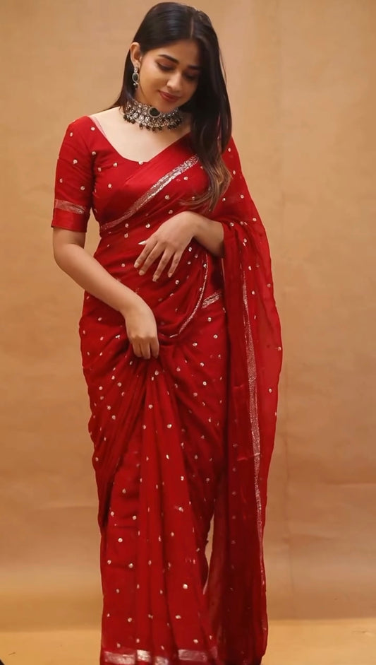 Most Trending Viral Pure Viscose Georgette Festival Red Saree With Satin Border