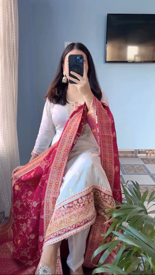 Aesthetic Pure Kanjivaram Silk Embroidery Suit Set