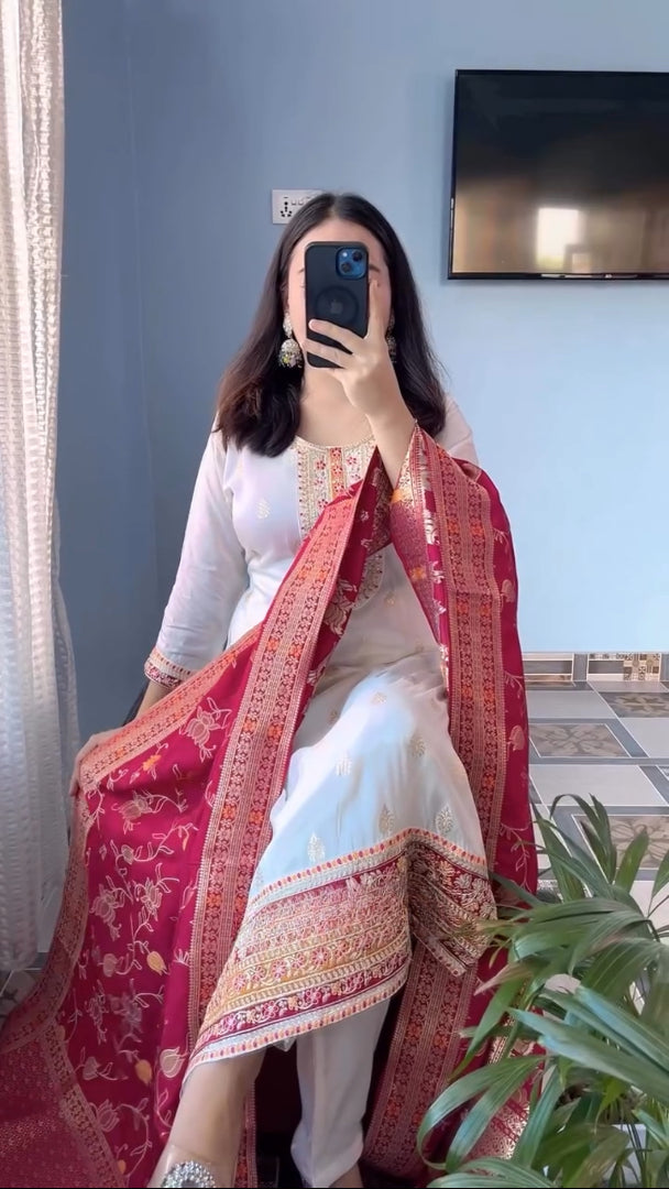 Aesthetic Pure Kanjivaram Silk Embroidery Suit Set