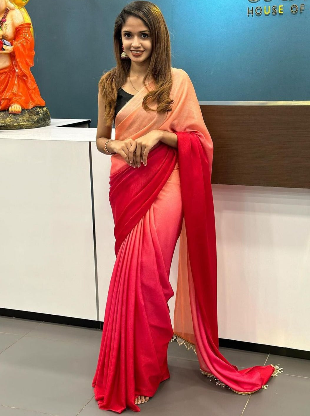 1-Min Ready to Wear Ombre Georgette Silk Saree With Handmade Tassels on Pallu