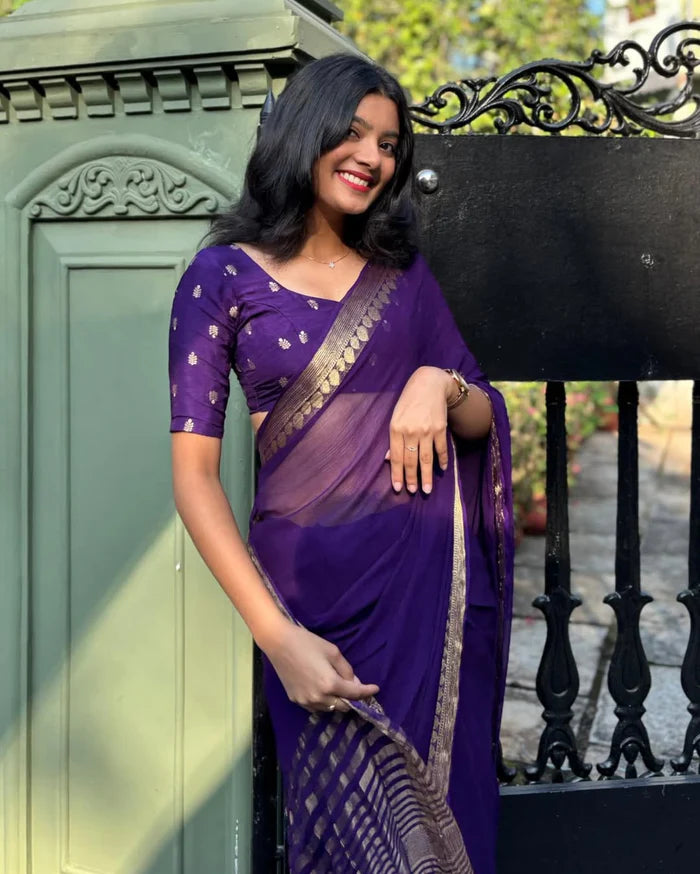 Most Trending Viral Pure Viscose Silk Dark Purple Saree With Weaving Zari Border