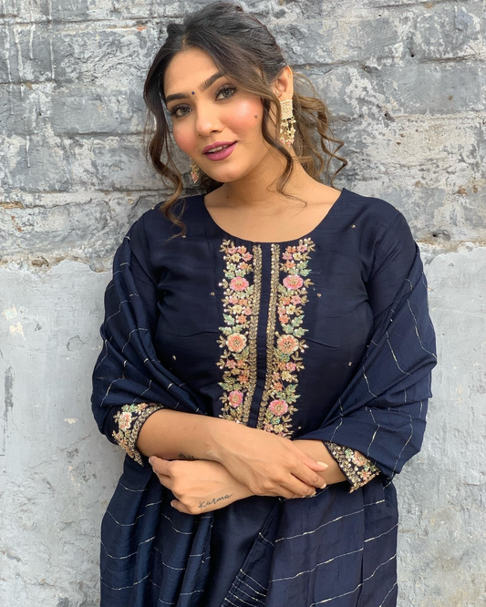 Most Beautiful Blue Viscose Chanderi Suit Set