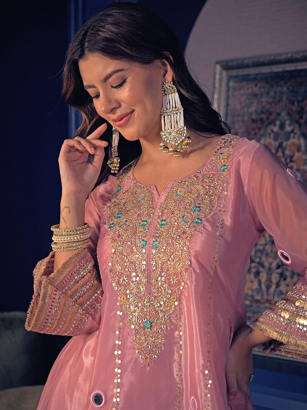 Royal Peach Mirror Work Embroidered Kurta Set