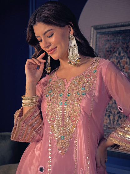 Royal Peach Mirror Work Embroidered Kurta Set