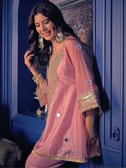 Royal Peach Mirror Work Embroidered Kurta Set