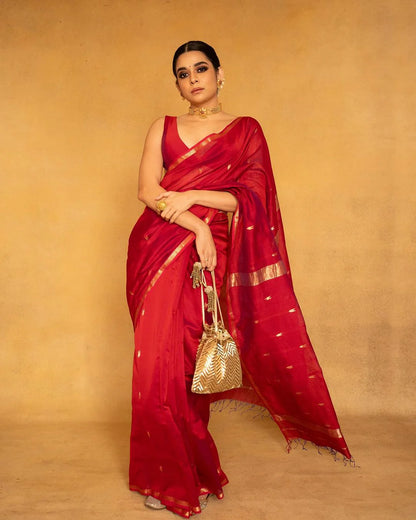 Very Attractive Red Cotton Silk Saree With Beautiful Blouse Peice