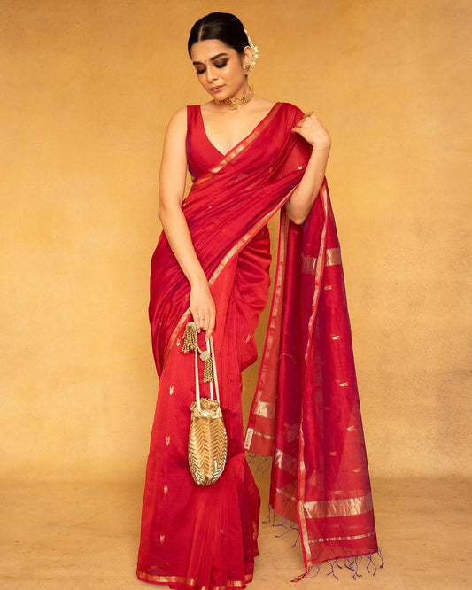 Very Attractive Red Cotton Silk Saree With Beautiful Blouse Peice