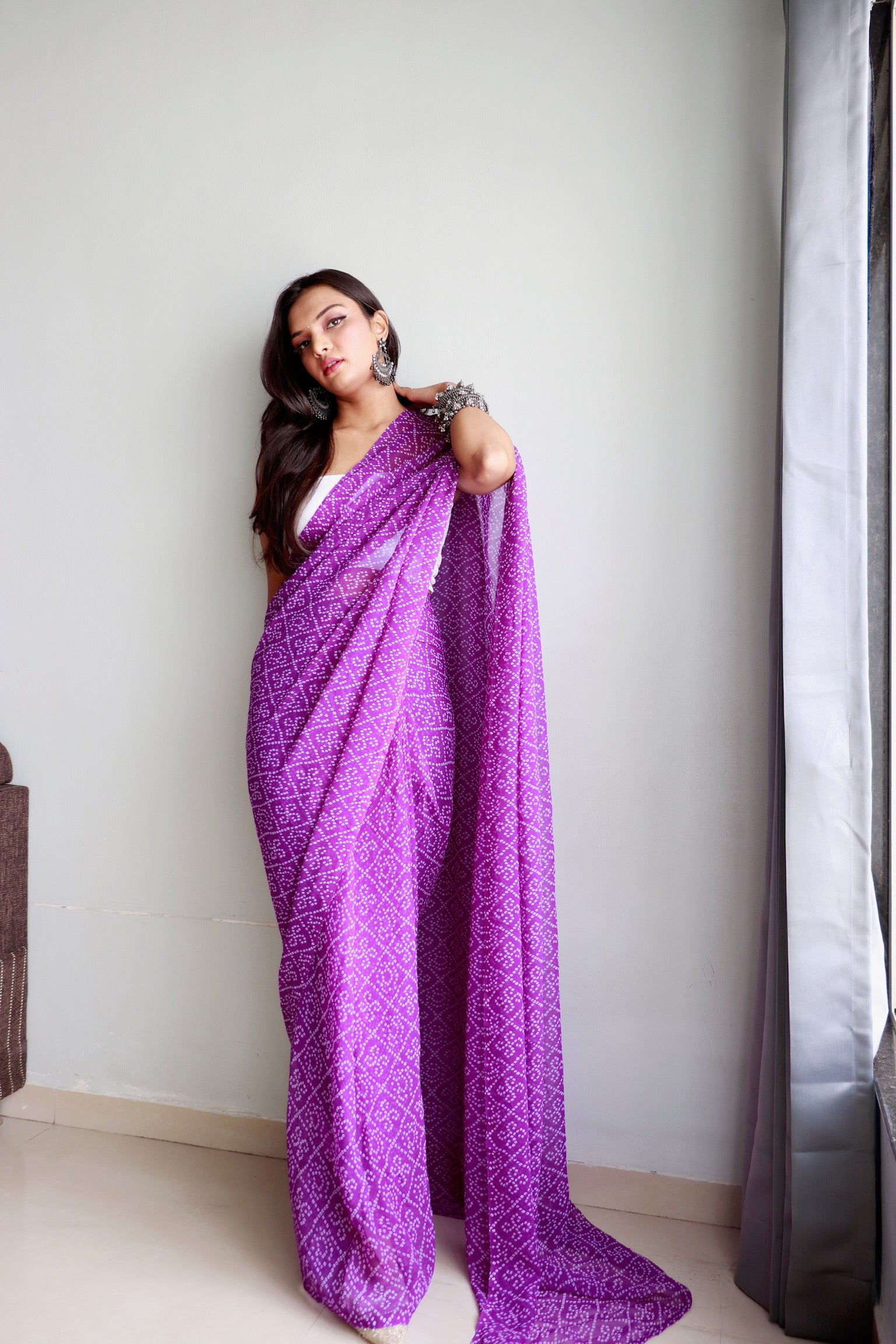 1 Min Ready To Wear Saree In Imported Crushed Bandhej With Heavy Blouse