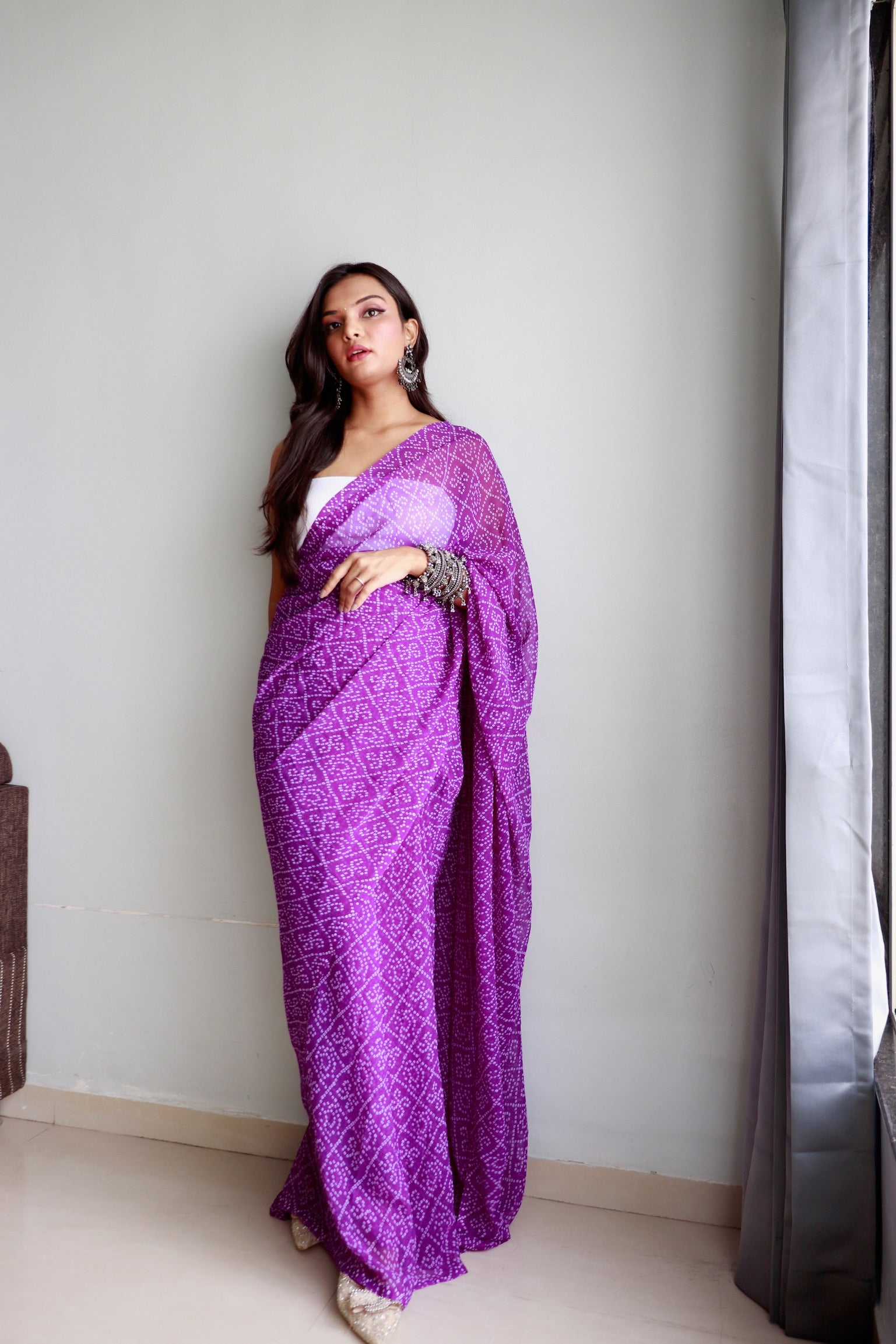 1 Min Ready To Wear Saree In Imported Crushed Bandhej With Heavy Blouse