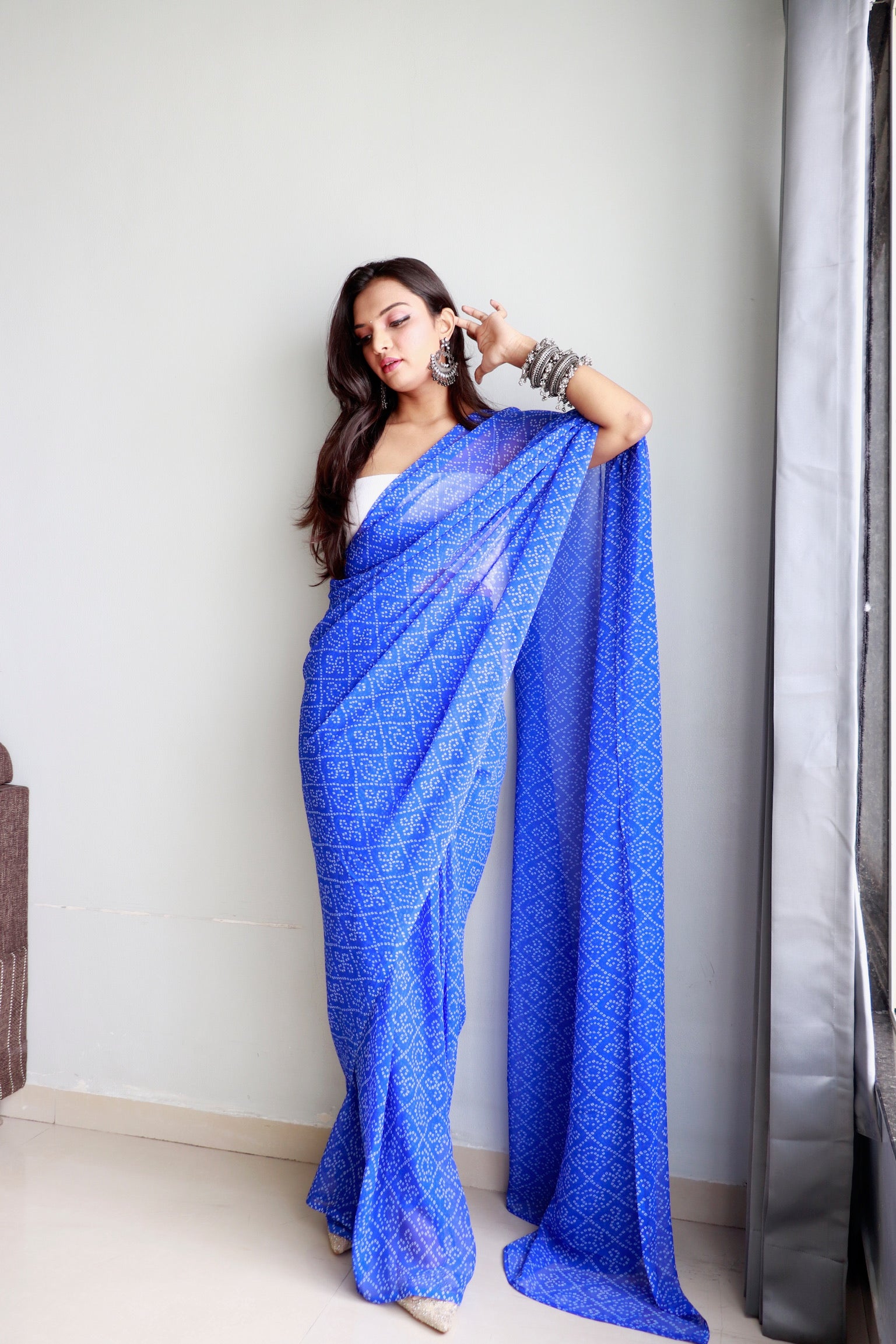 1 Min Ready To Wear Saree In Imported Crushed Bandhej With Heavy Blouse