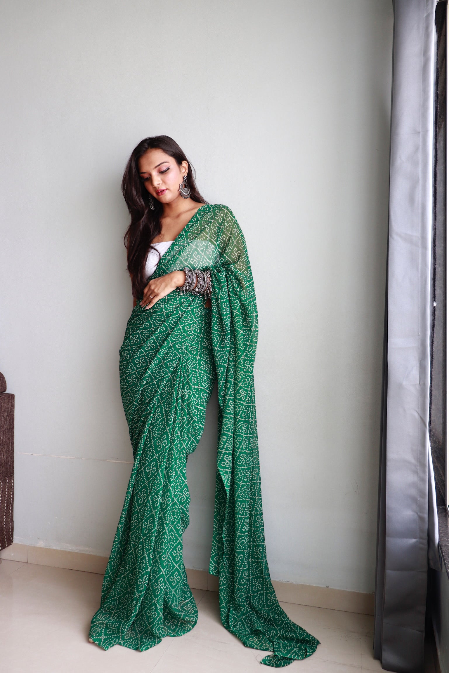 1 Min Ready To Wear Saree In Imported Crushed Bandhej With Heavy Blouse