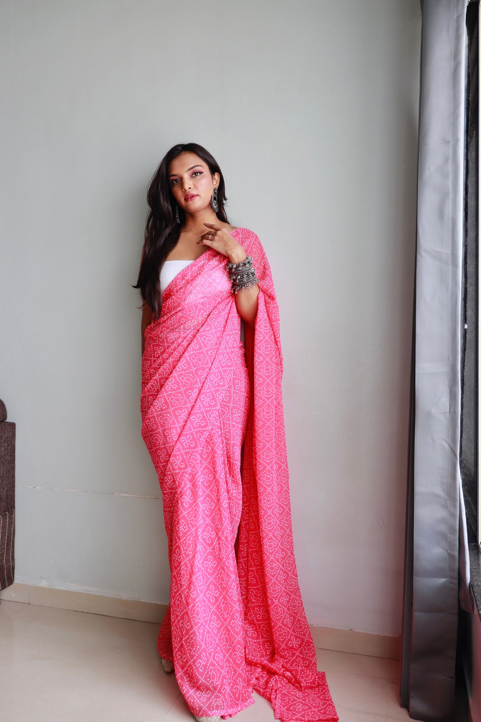 1 Min Ready To Wear Saree In Imported Crushed Bandhej With Heavy Blouse