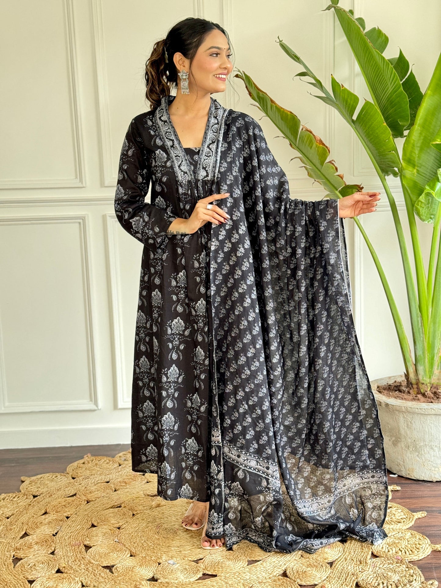 Bucolic Black Pure Cotton Block Print Suit Set