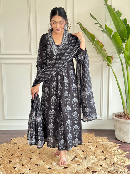 Bucolic Black Pure Cotton Block Print Suit Set