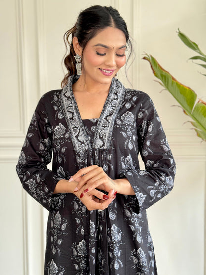 Bucolic Black Pure Cotton Block Print Suit Set
