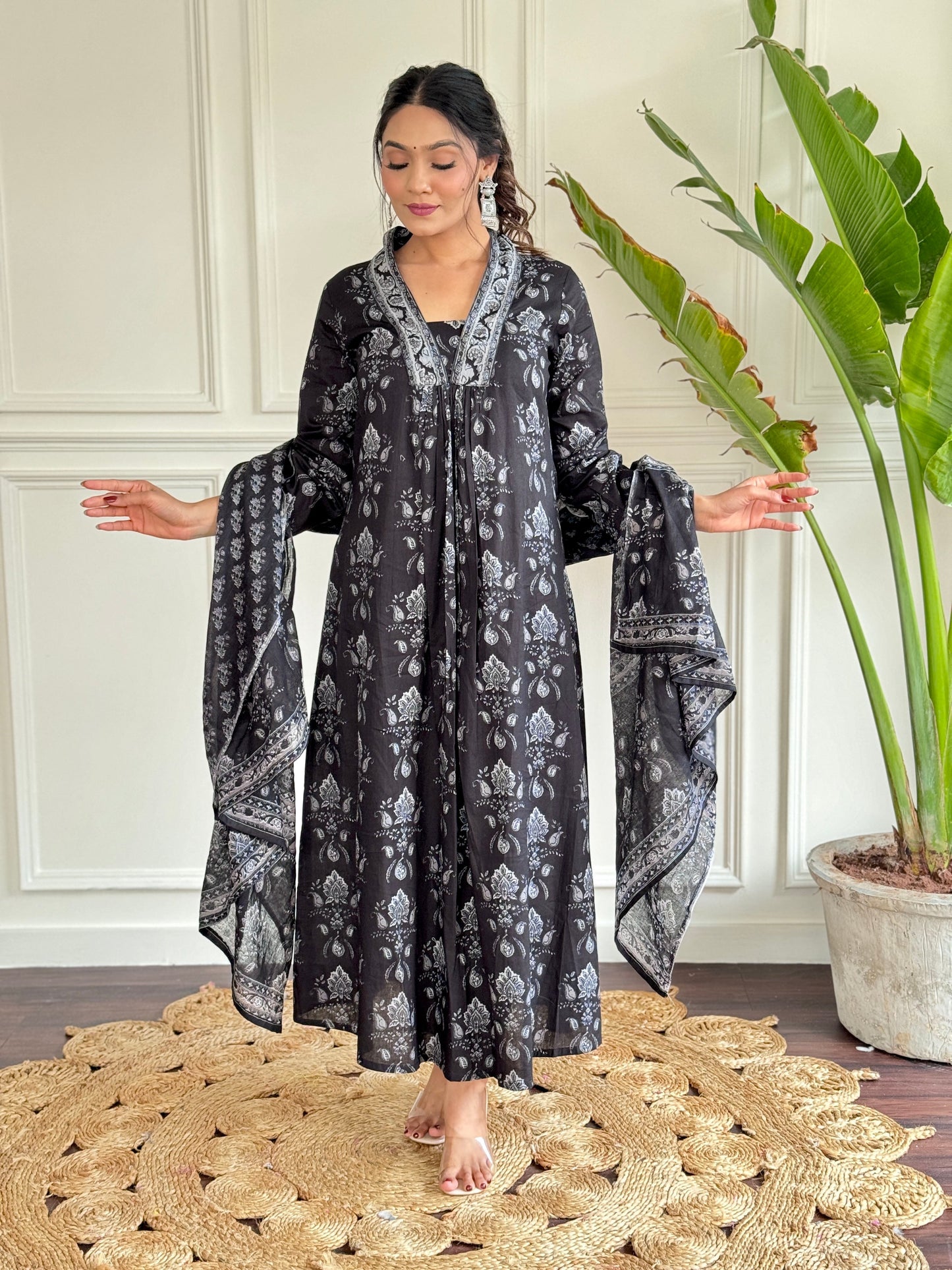 Bucolic Black Pure Cotton Block Print Suit Set