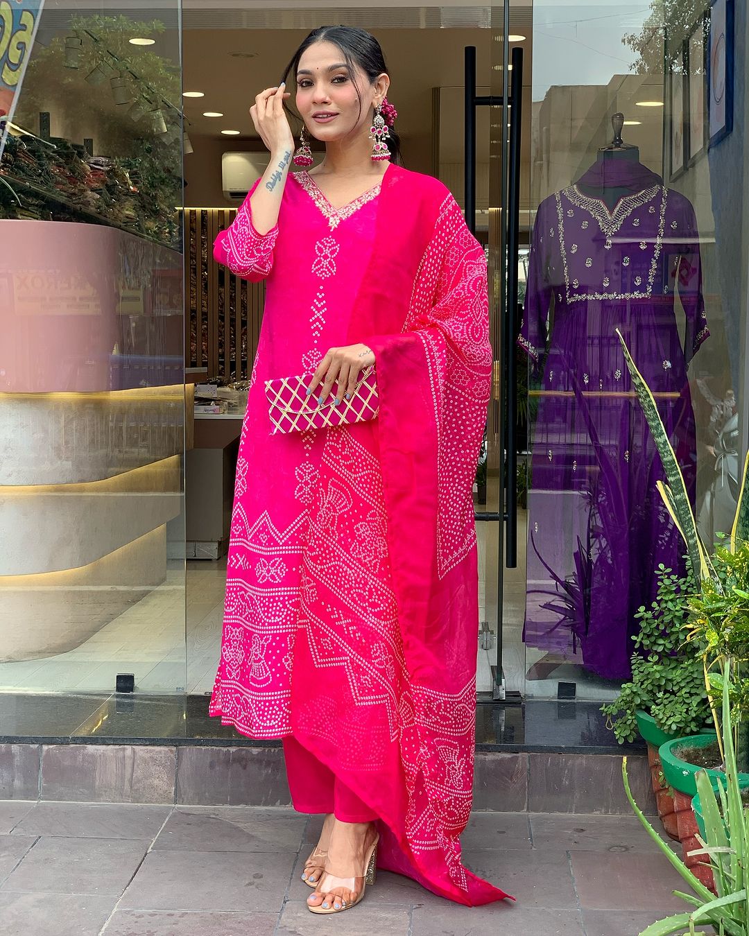 Beautiful Silk Blend Bandhani Print Suit Set