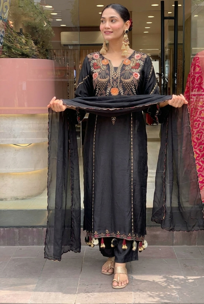 Aarunya Floral Embroidered Viscose Chanderi Suit Set