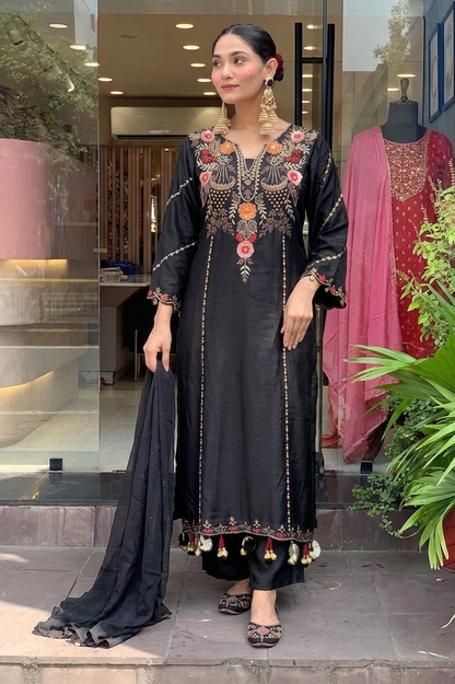 Aarunya Floral Embroidered Viscose Chanderi Suit Set