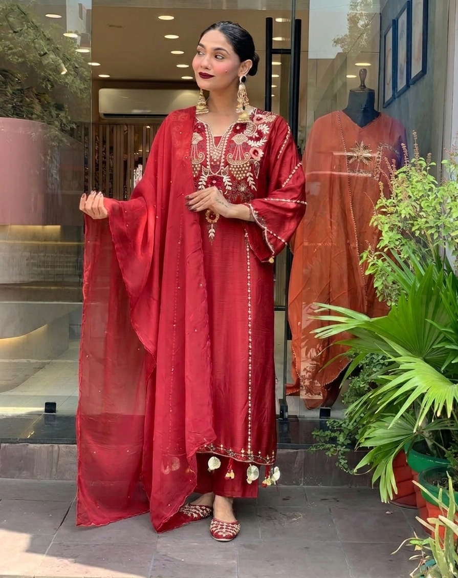 Aarunya Floral Embroidered Viscose Chanderi Suit Set