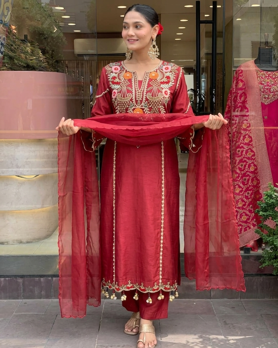 Aarunya Floral Embroidered Viscose Chanderi Suit Set