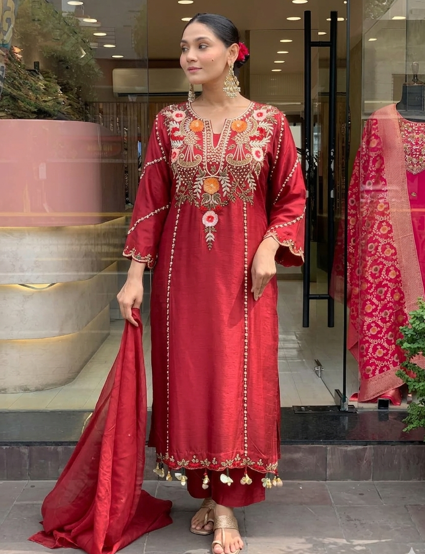 Aarunya Floral Embroidered Viscose Chanderi Suit Set