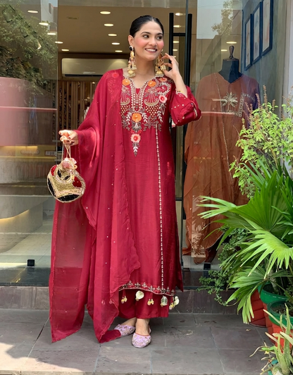 Aarunya Floral Embroidered Viscose Chanderi Suit Set