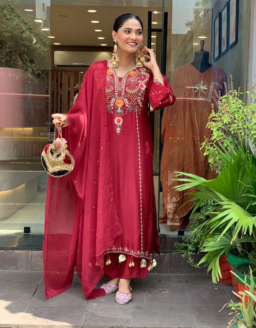 Aarunya Floral Embroidered Viscose Chanderi Suit Set