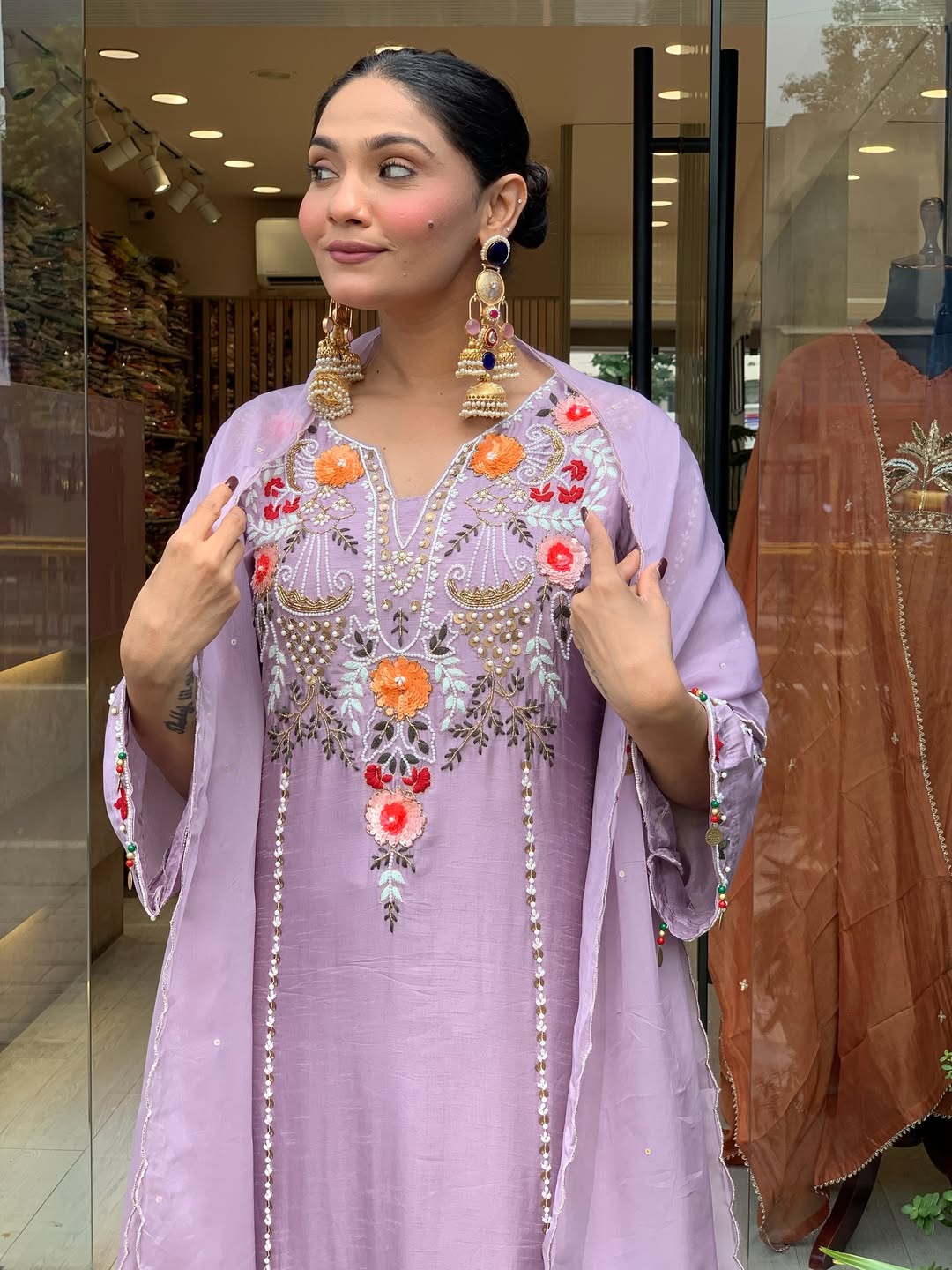 Aarunya Floral Embroidered Viscose Chanderi Suit Set