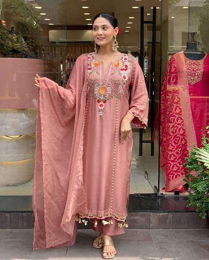 Aarunya Floral Embroidered Viscose Chanderi Suit Set