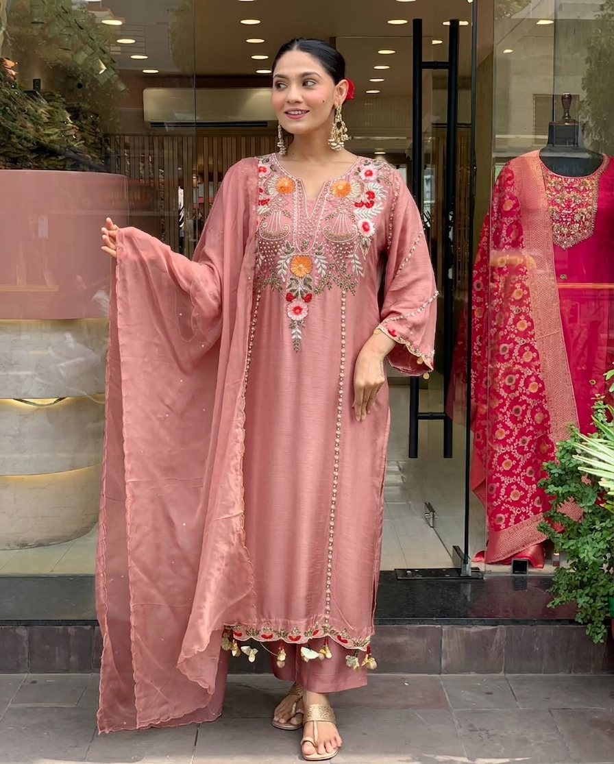 Aarunya Floral Embroidered Viscose Chanderi Suit Set