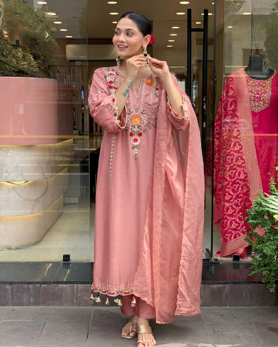 Aarunya Floral Embroidered Viscose Chanderi Suit Set