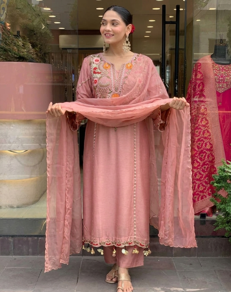 Aarunya Floral Embroidered Viscose Chanderi Suit Set