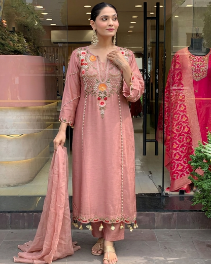 Aarunya Floral Embroidered Viscose Chanderi Suit Set