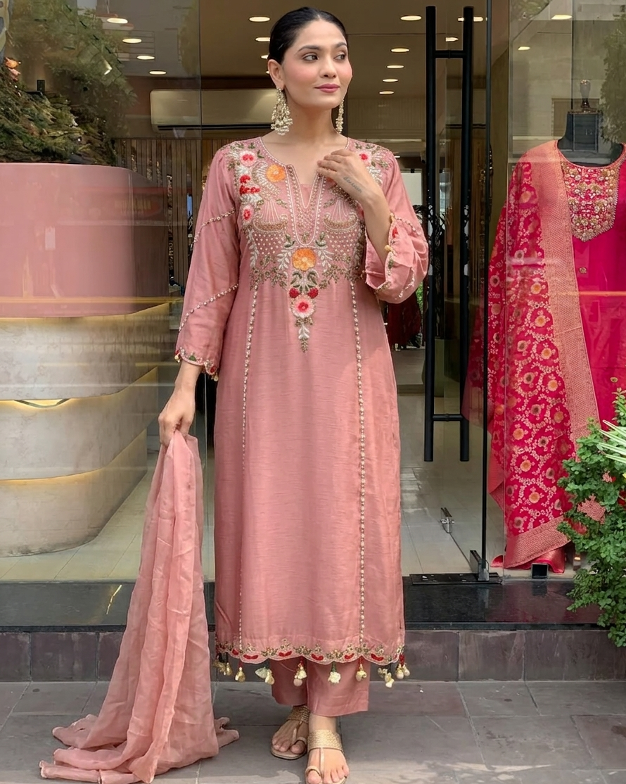 Aarunya Floral Embroidered Viscose Chanderi Suit Set