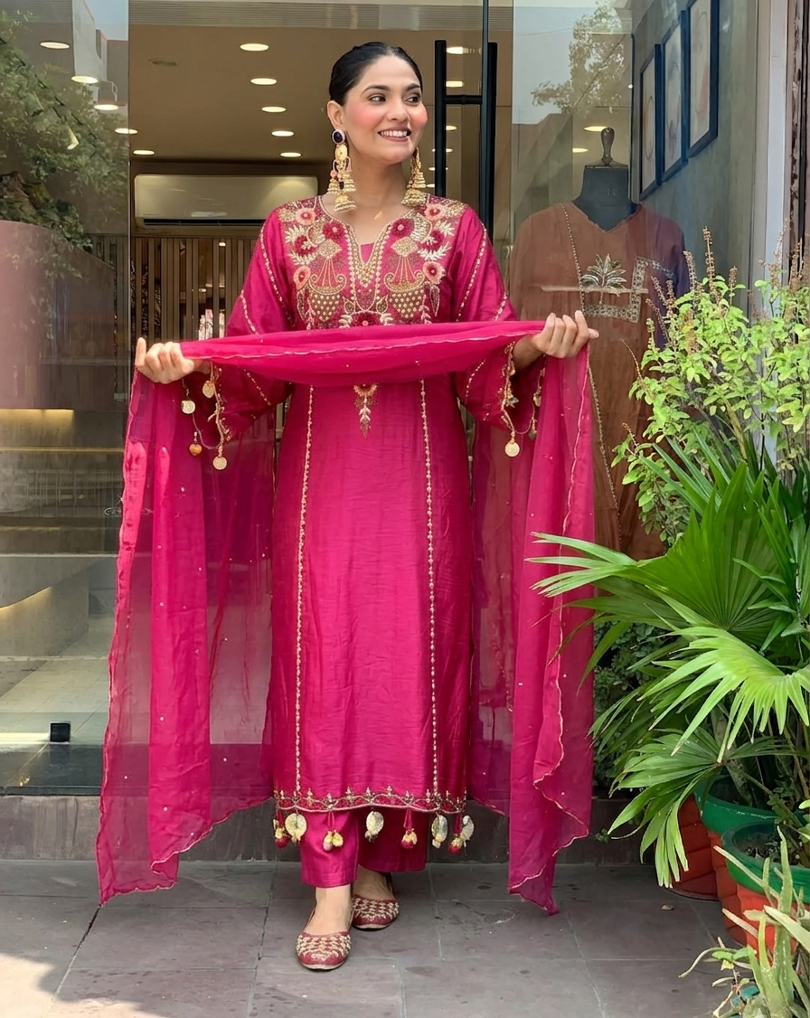 Aarunya Floral Embroidered Viscose Chanderi Suit Set