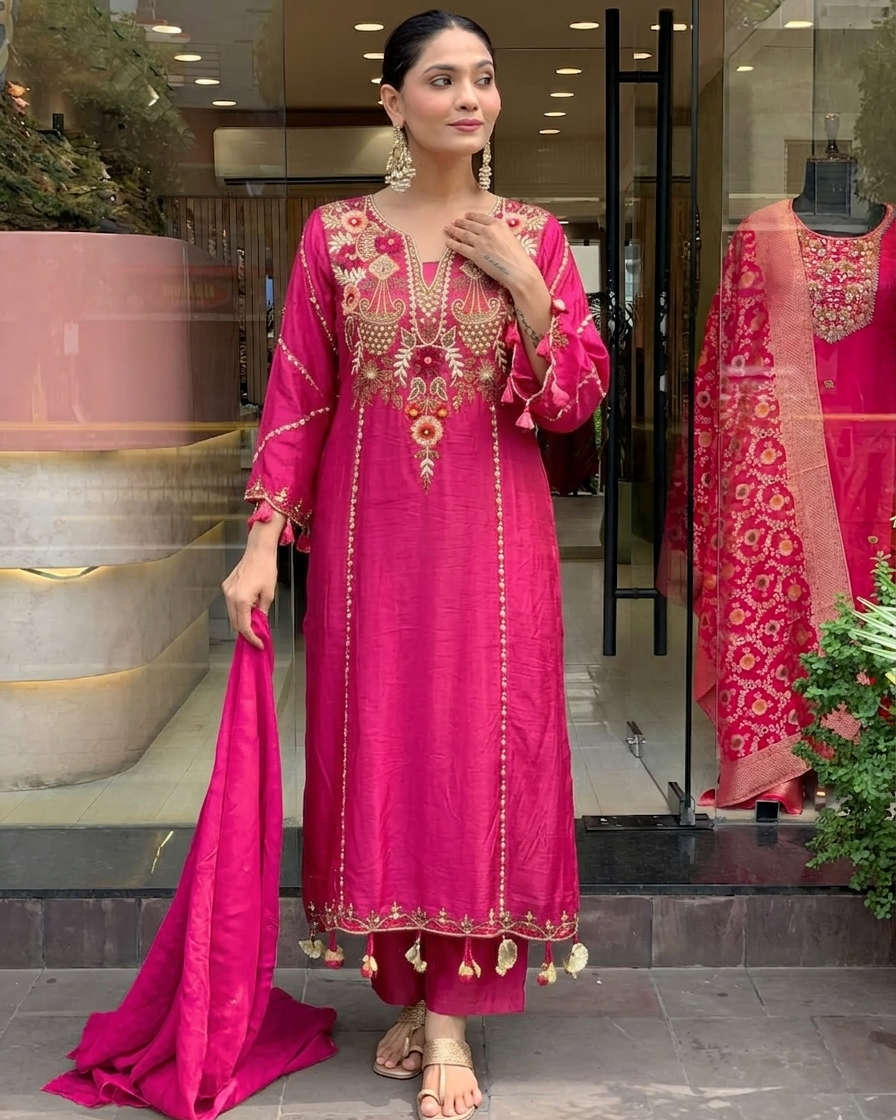 Aarunya Floral Embroidered Viscose Chanderi Suit Set