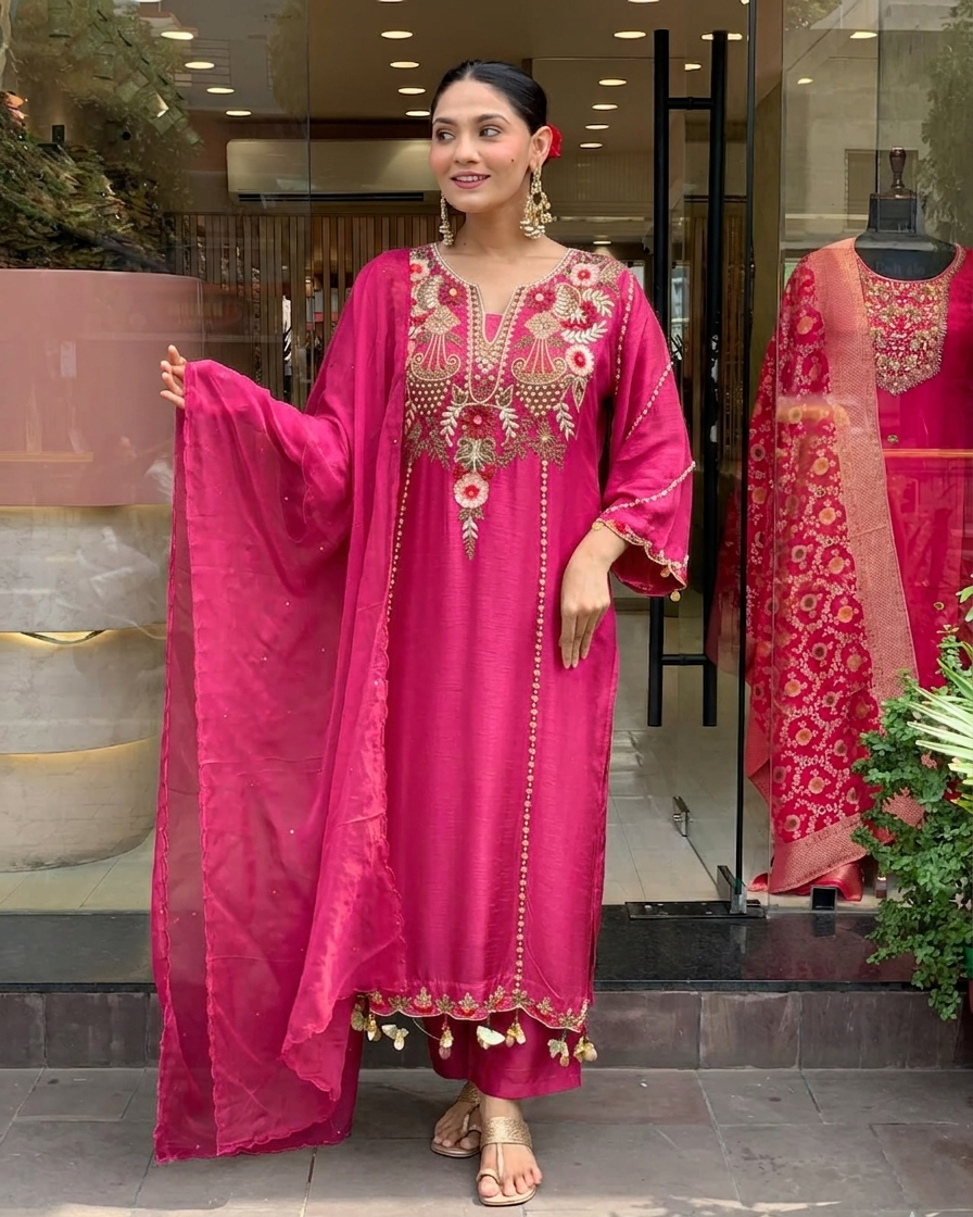 Aarunya Floral Embroidered Viscose Chanderi Suit Set