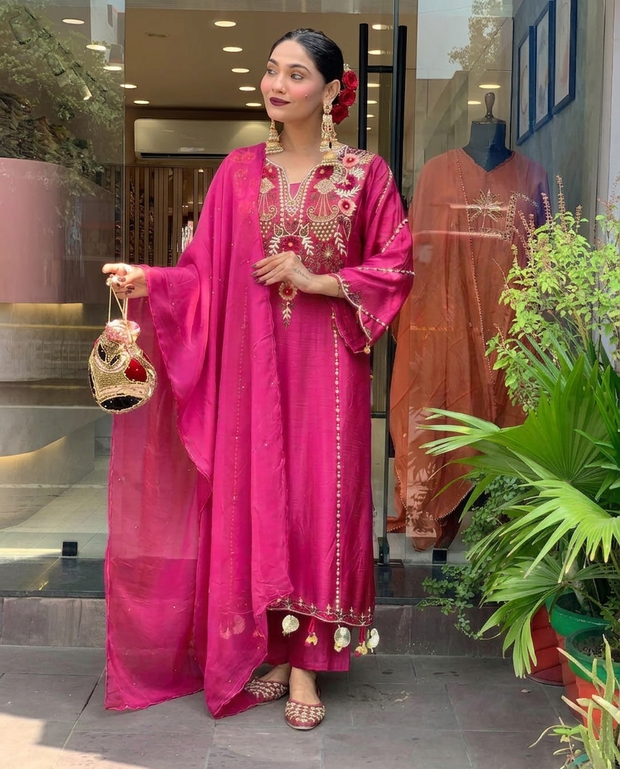 Aarunya Floral Embroidered Viscose Chanderi Suit Set