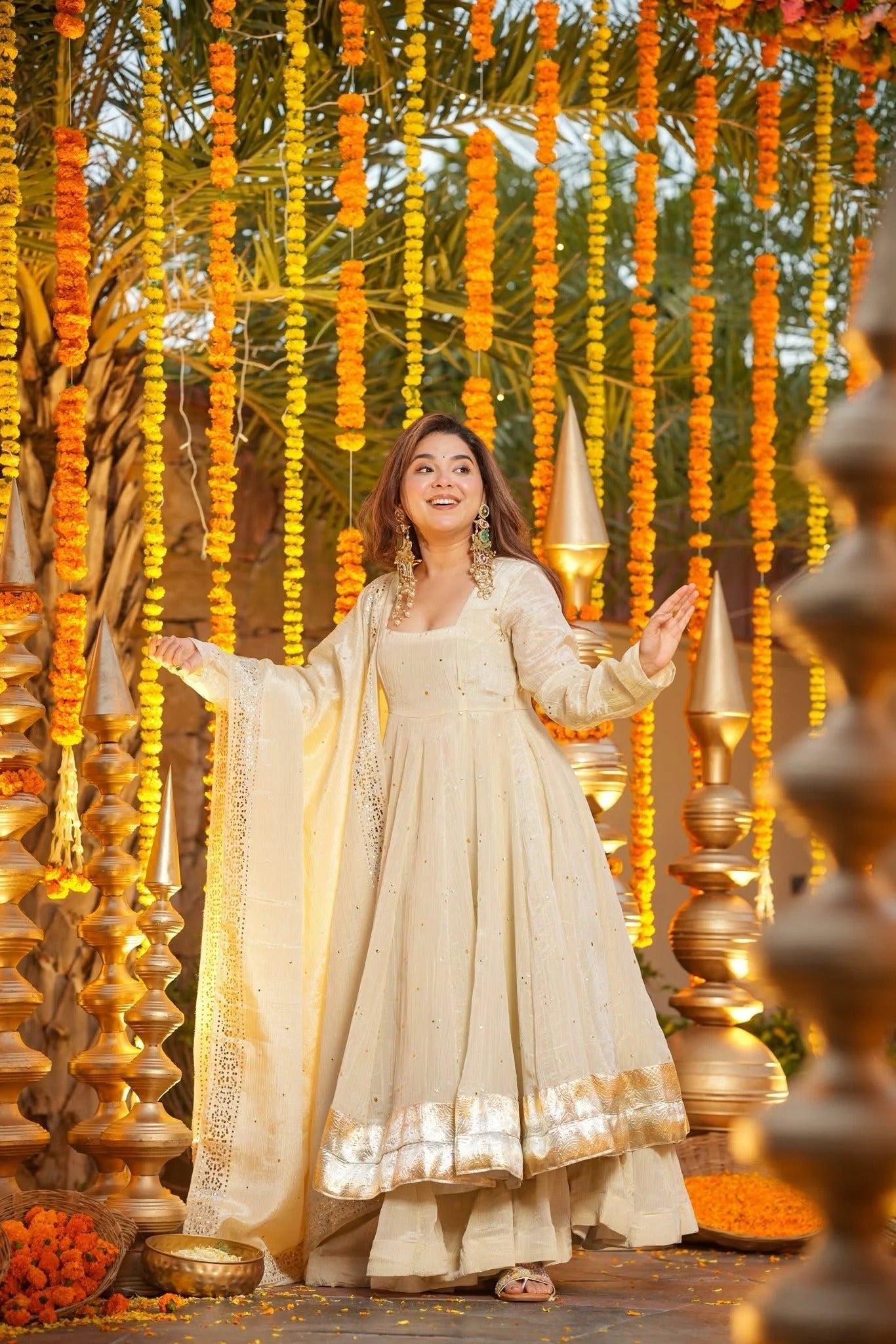 Rajwada Ivory Foil Print Anarkali Suit Set