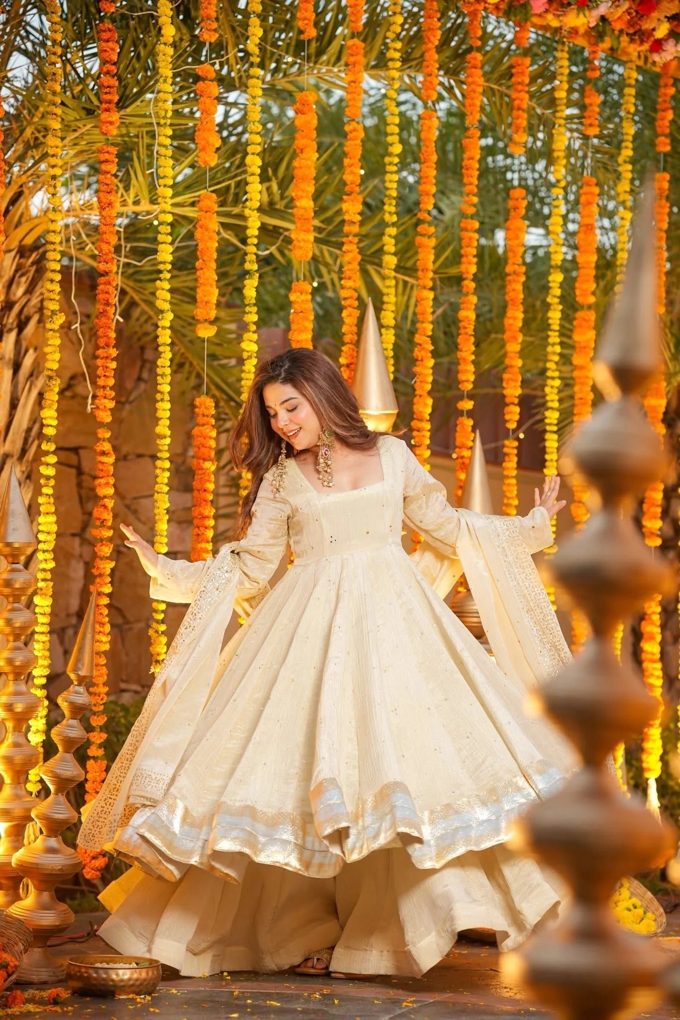 Rajwada Ivory Foil Print Anarkali Suit Set