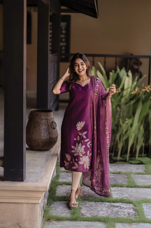 Very Stunning Vichitra Silk Floral Print Top & Dupatta