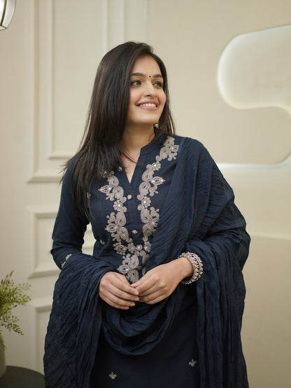 Very Pretty Rayon Slub Embroidery Suit Set