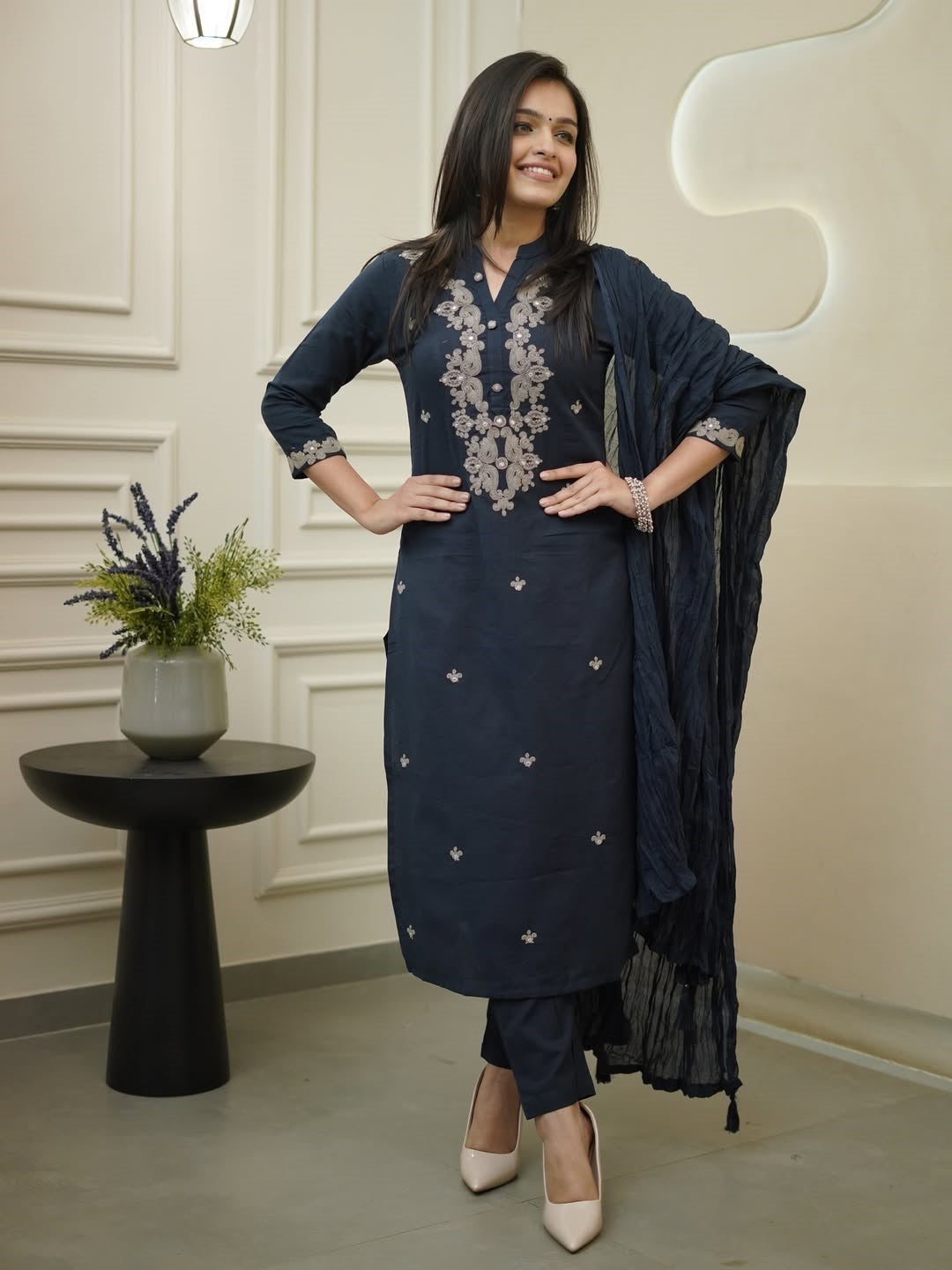 Very Pretty Rayon Slub Embroidery Suit Set