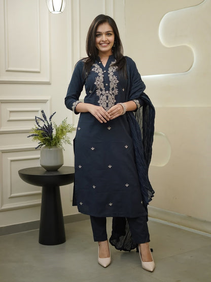 Very Pretty Rayon Slub Embroidery Suit Set