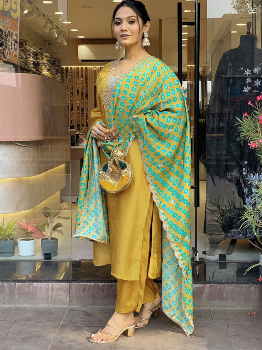 Elegant Pure Viscose yellow Embroidary Work Suit Set