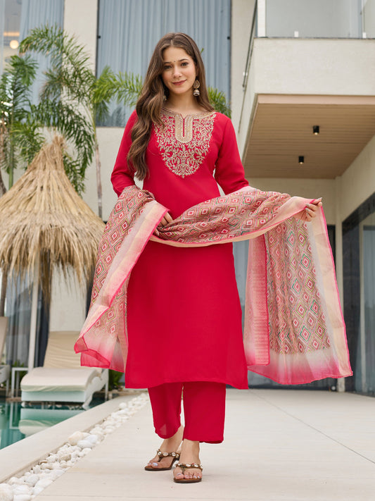 Delightful Rayon Silk Embroidery Suit Set