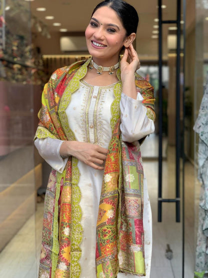 Charming White Most Beautiful Jequard Work Suit Set