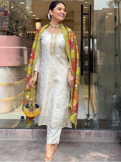 Charming White Most Beautiful Jequard Work Suit Set